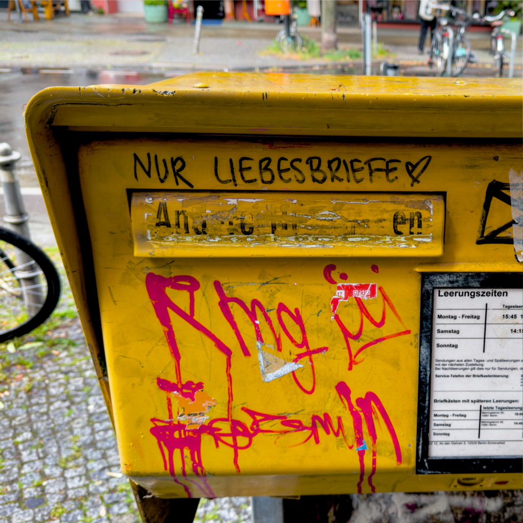 contact Bink 1 contact Bink - A photo of a German postbox with the words ‘love letters only’.